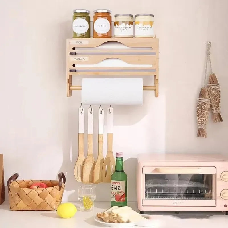 1Pc Cling Film Cutter Minimalist Wall Mounted Wooden Kitchenware Multi Compartment Layer Hidden Scratchers Kitchen Organizer